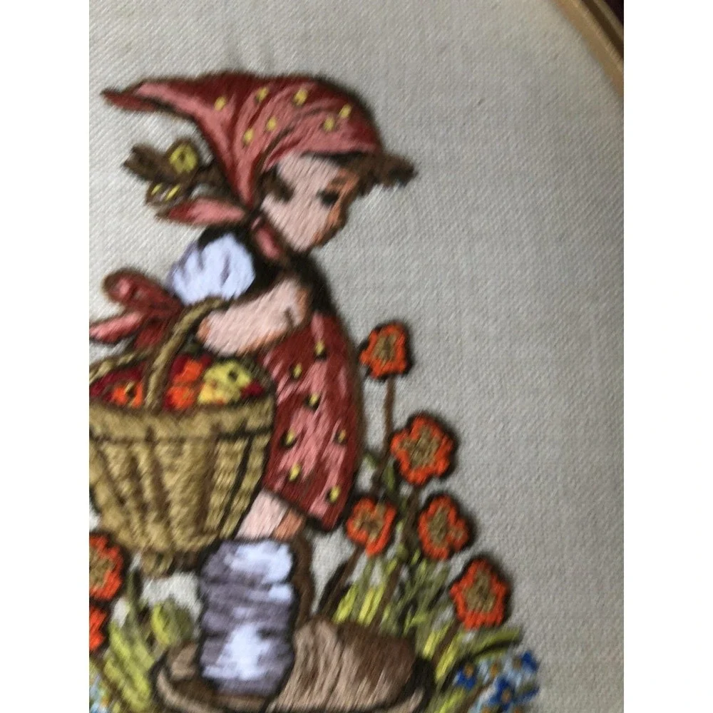 Vintage Finished Hummel Girl ‎ Framed Oval Picture Needlepoint 10 X 13 in